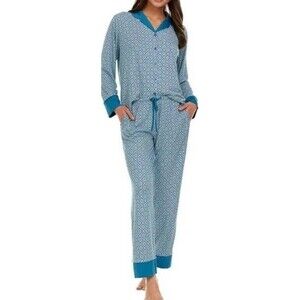 Flora Nikrooz Women's Satin Trim Notch Collar PJ Set Teal XXL NWT